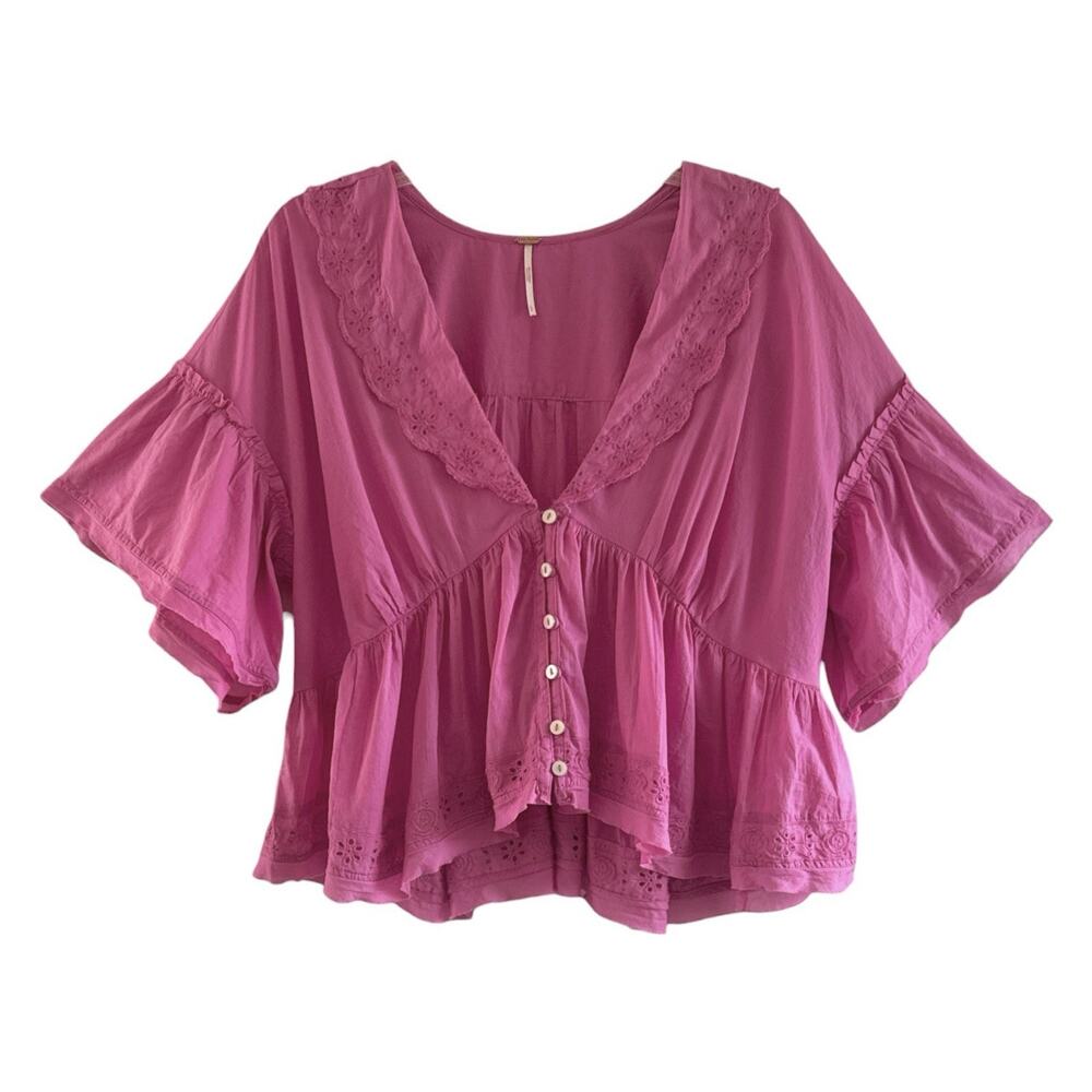 Free People Bella Blouse Cutwork Boho Cottage Hippie Fiji Flower Pink Top Large - Picture 2 of 13